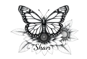 The central focus is a large butterfly with intricate wing patterns, which appears to be a monarch butterfly. It is resting on a sunflower, with its wings spread open.With the name Shari  in it tattoo idea