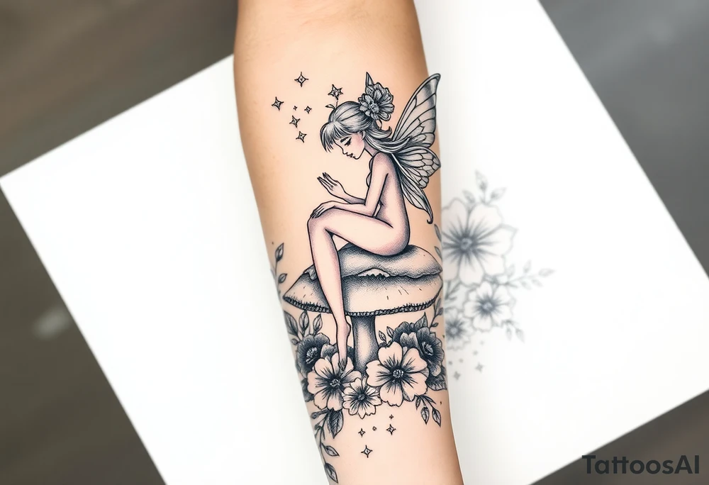 Mystical fairy sitting on a mushroom surrounded by flowers tattoo idea