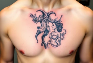 jester hovering over woman in smoke tattoo idea