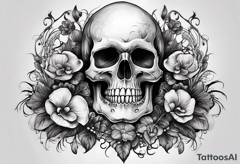 A full arm sleeve Skull with mushrooms attached like it’s becoming a part of them tattoo idea