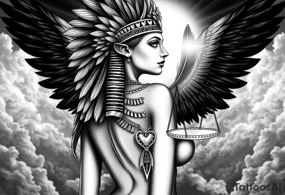 Beautiful Egyptian goddess with a curvy sexy body. She is wearing an ostrich feather headdress, and intricate ancient Egyptian jewelry the Anhk necklace. Background includes something similar to heaven. Incorporate the Scales of Justice—one side holding a heart, the other Ma’at’s feather—glowing with ethereal energy. Emphasize dramatic lighting, deep shadows, and surreal, mystical atmosphere tattoo idea