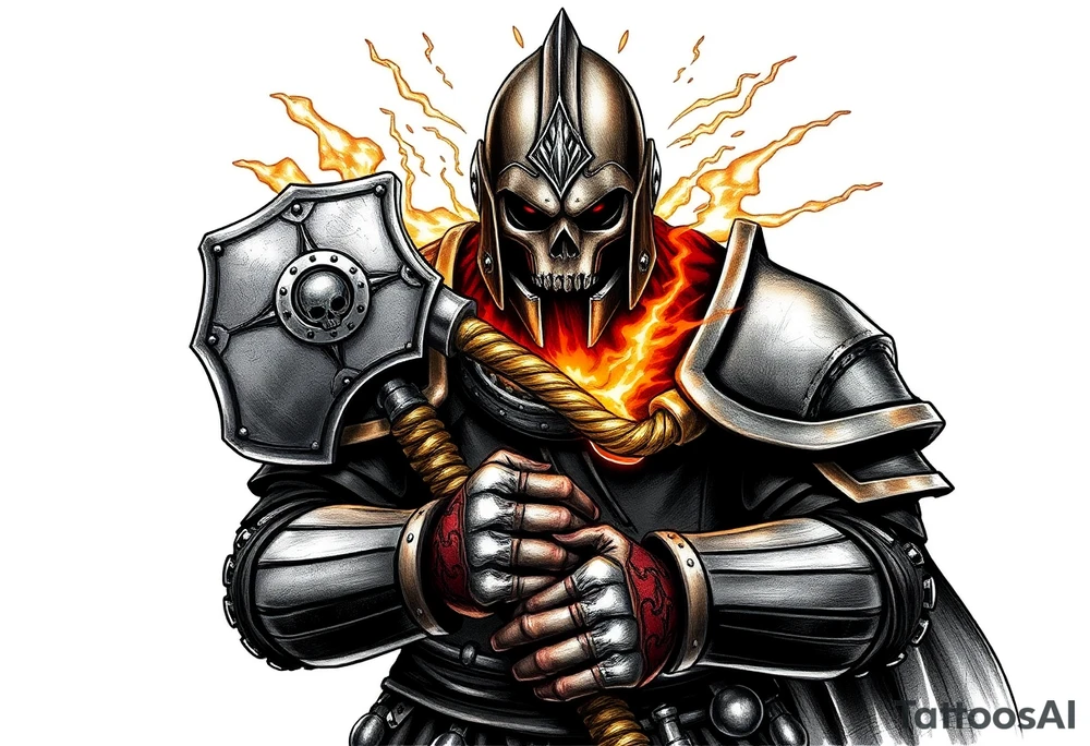 Warhammer, the Old World. A warrior priest of Sigmar holding The Warhammer of Sigmar. The Warhammer of Sigmar is radiating thunderous energy. The Warhammer is held by the warrior priest with both gripping hands at the shaft, upon his chest level. The Warrior priest is wearing dark alloyed heavy armour (reference armor from warhammer vermintide 2 Victor Saltzpyres, the warrior priest of Sigmar class) with skull sigils on his shoulder pads. The warrior priest is wearing a helmet, while the helmets front visor has an humanoid metal face covering. The helmet and armour are gladened with hints of gold and crimson red. The Warhammer is silverish and golden with a long shaft with twisted carvings. tattoo idea