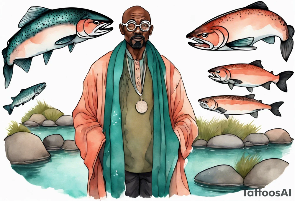 a 50-year-old black man wearing salmon and teal cloak and round glasses standing by a pond with a salmon in it tattoo idea