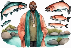a 50-year-old black man wearing salmon and teal cloak and round glasses standing by a pond with a salmon in it tattoo idea