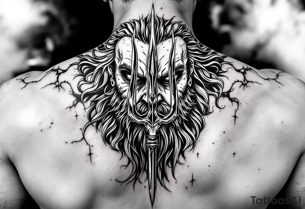 poseidon face behind trident tattoo idea