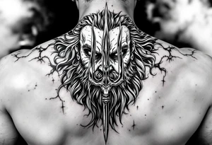 poseidon face behind trident tattoo idea