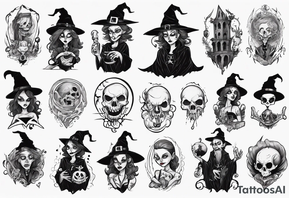 a Tim Burton-style witch necromancer tattoo idea