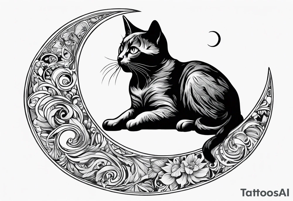 Shadow of a cat sitting on a crescent moon tattoo idea
