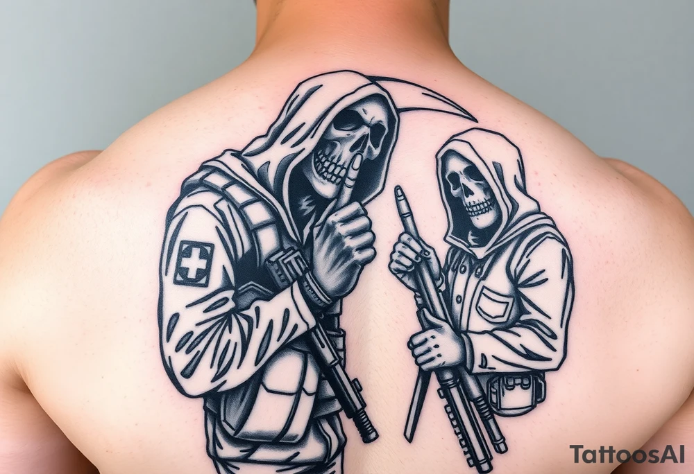 Special forces combat medic treating a soldier while he puts his middle finger up at the grim reaper tattoo idea