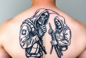 Special forces combat medic treating a soldier while he puts his middle finger up at the grim reaper tattoo idea
