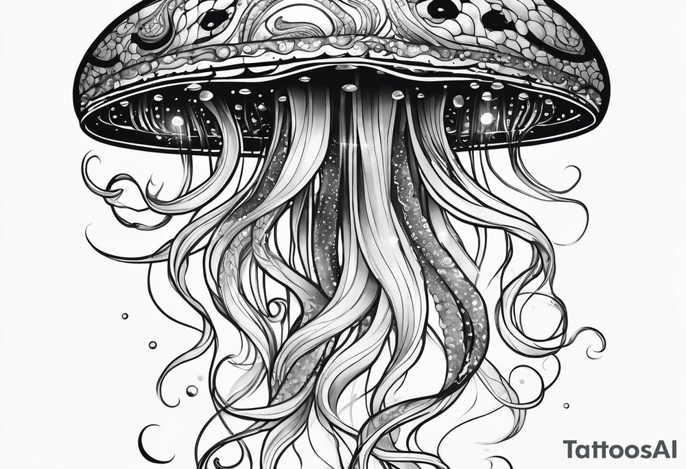 A galaxy inside a mystical jellyfish with long flowing tentacles tattoo idea
