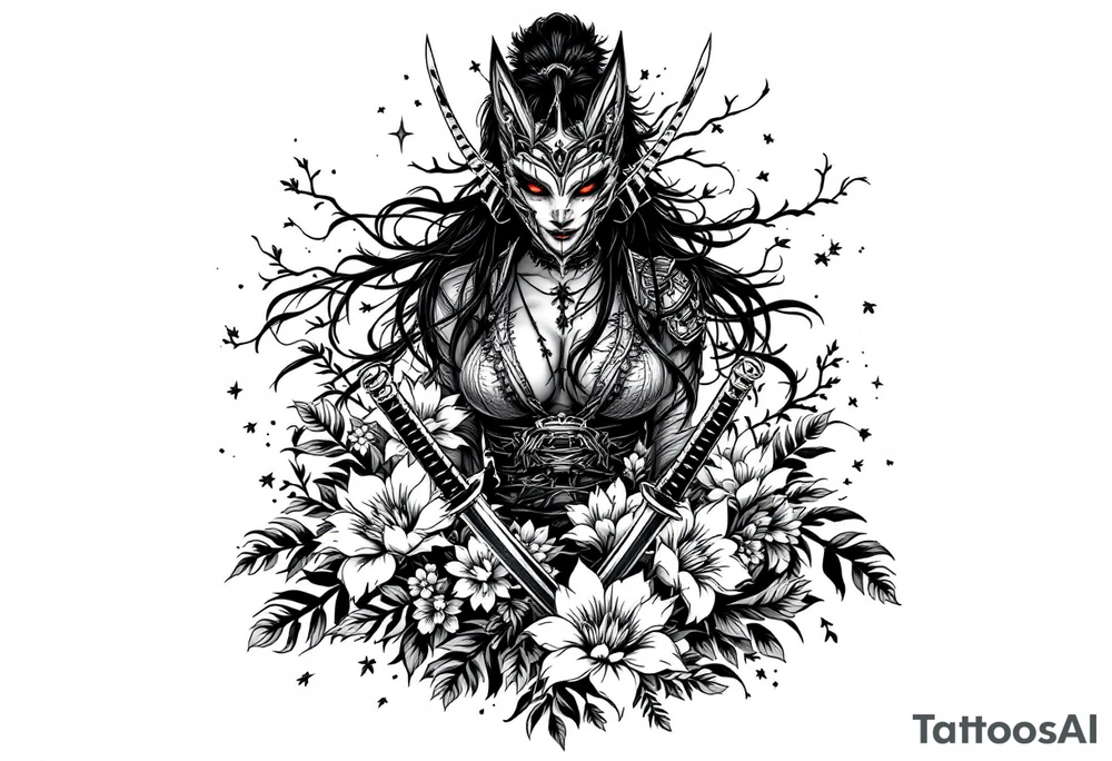 Woman samurai with red eyes wearing an half and broken kitsune mask, holding 
two katana and Sakura flowers ornement tattoo idea