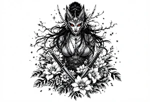 Woman samurai with red eyes wearing an half and broken kitsune mask, holding 
two katana and Sakura flowers ornement tattoo idea