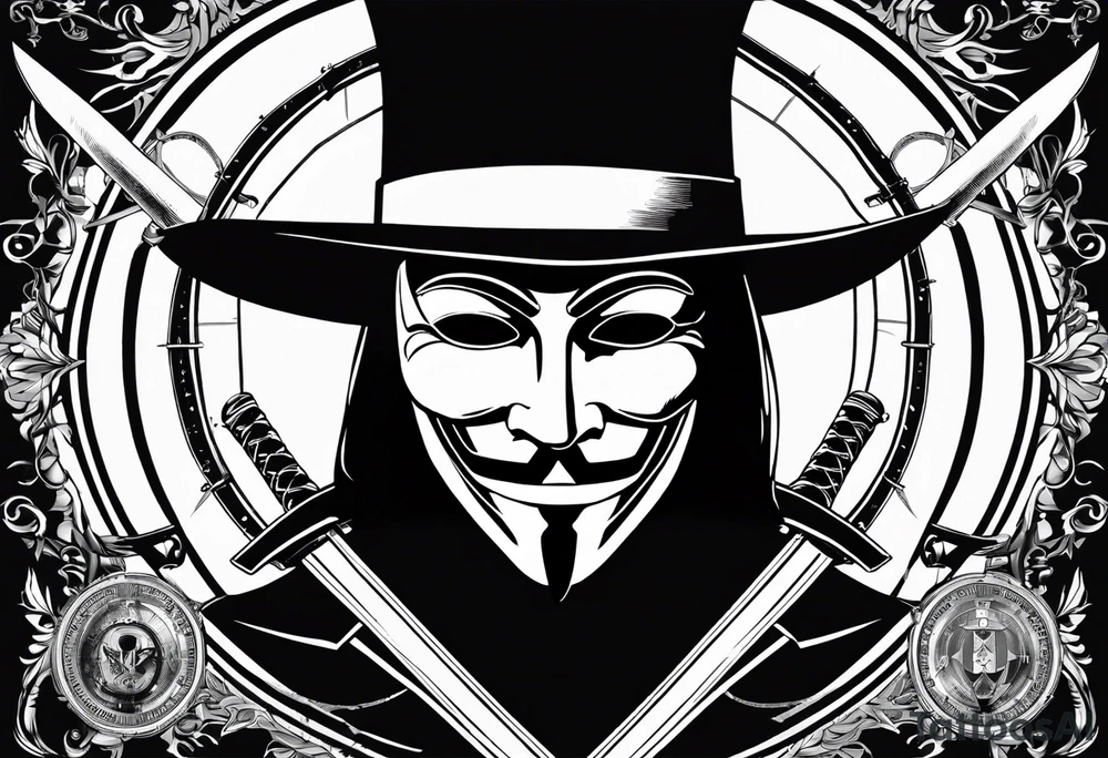 Centered v for vendetta, mask only. No hat.   Vintage compass surround. Crossed fencing swords. Pop art tattoo idea