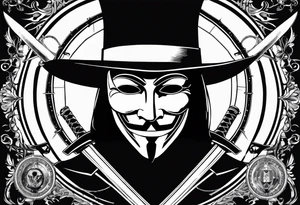 Centered v for vendetta, mask only. No hat.   Vintage compass surround. Crossed fencing swords. Pop art tattoo idea