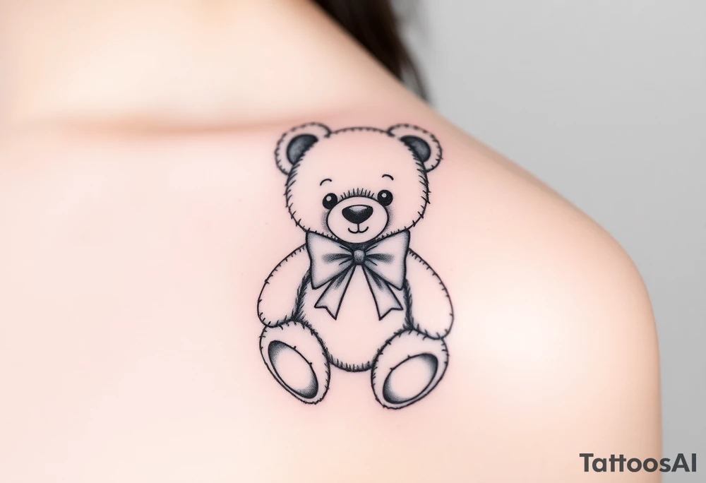 realistic teddy bear with a bow around its neck tattoo idea