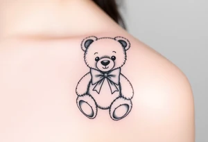 realistic teddy bear with a bow around its neck tattoo idea