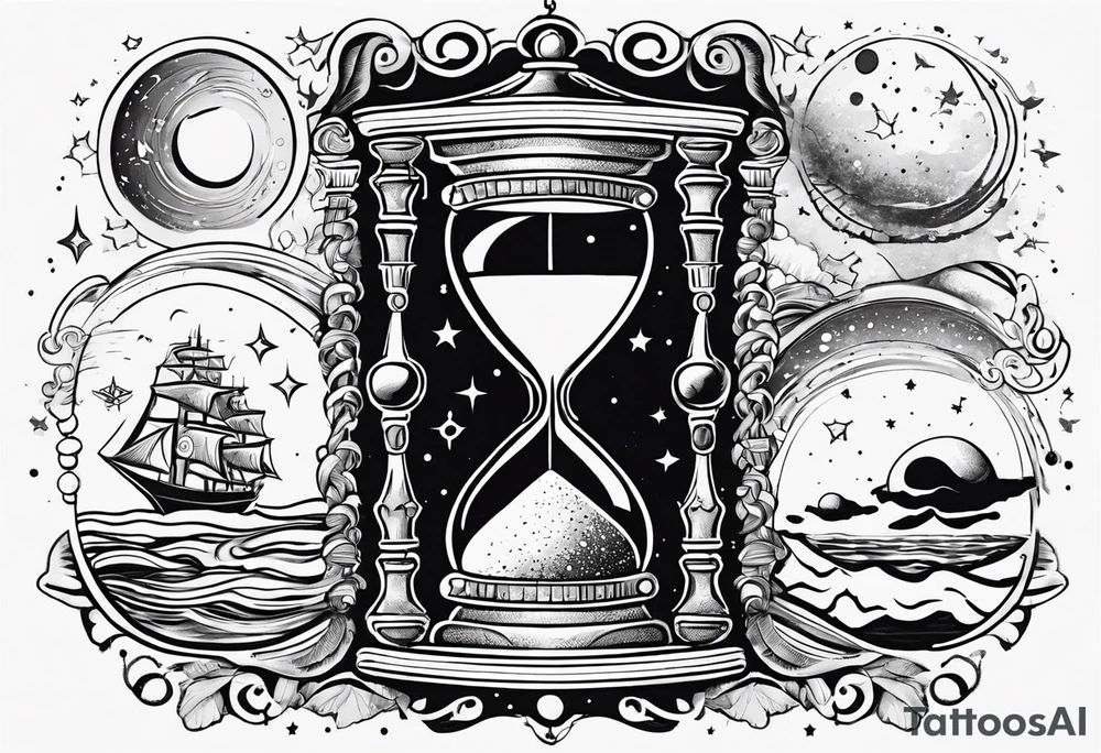 Mix an hourglass with a nautical clock with the addition of planets, galaxies to give a design to print on a t-shirt, the design should be in one color in the form of a tattoo and all the shapes should be mixed to give one shape tattoo for all arms. tattoo idea