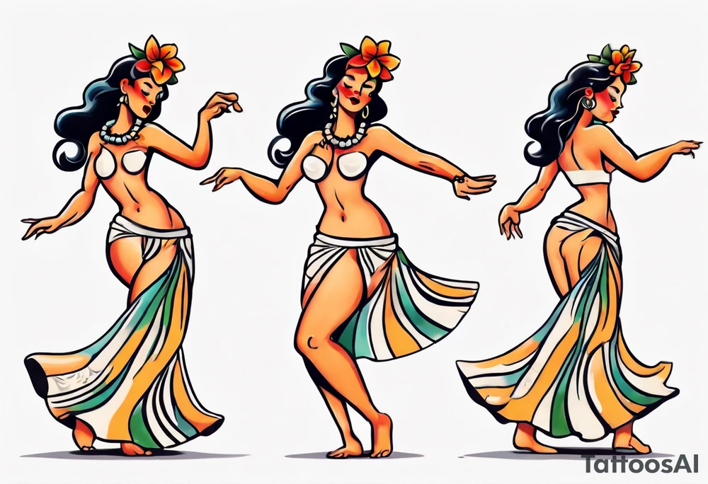 Old School Tattoo Style, Hula Girl dancing, full body, white background --no skin tattoo idea