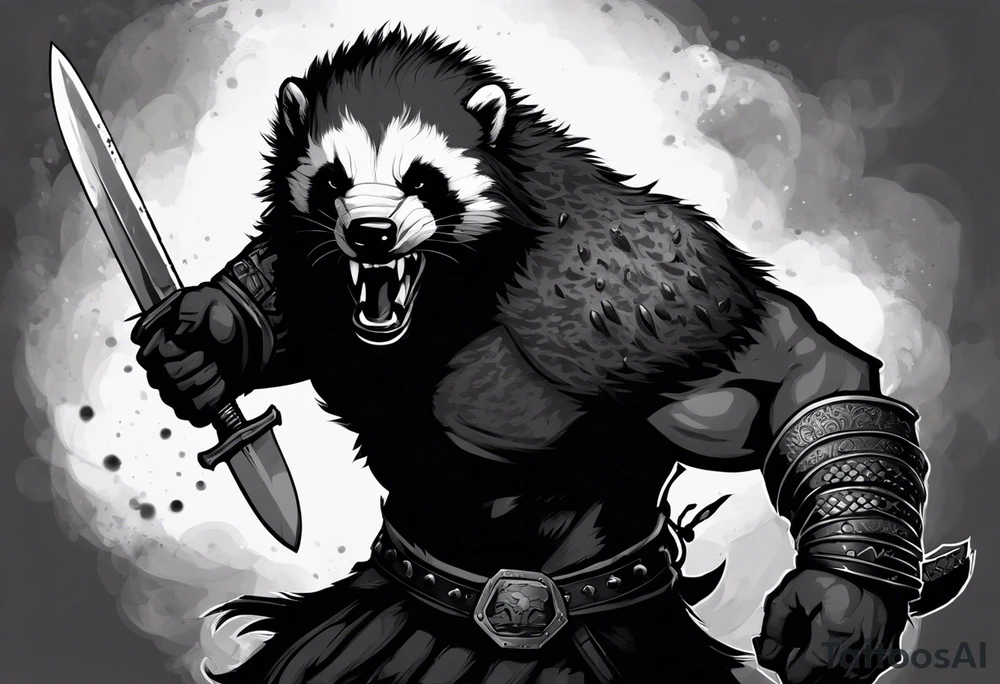 Draw me psychopath Honey Badger/Berserker with aggressive full body, killer face with a scary smile, very long nails and he attacks like a Bloody Assassin/Warrior/Gladiator to us and also, he has very deadly looking. He fights with his nails only. Everybody scares after their first sight. Give me horror type Badger Tattoo. I want to see his Realistic full body with no weapons. You can show destruction at the back. tattoo idea