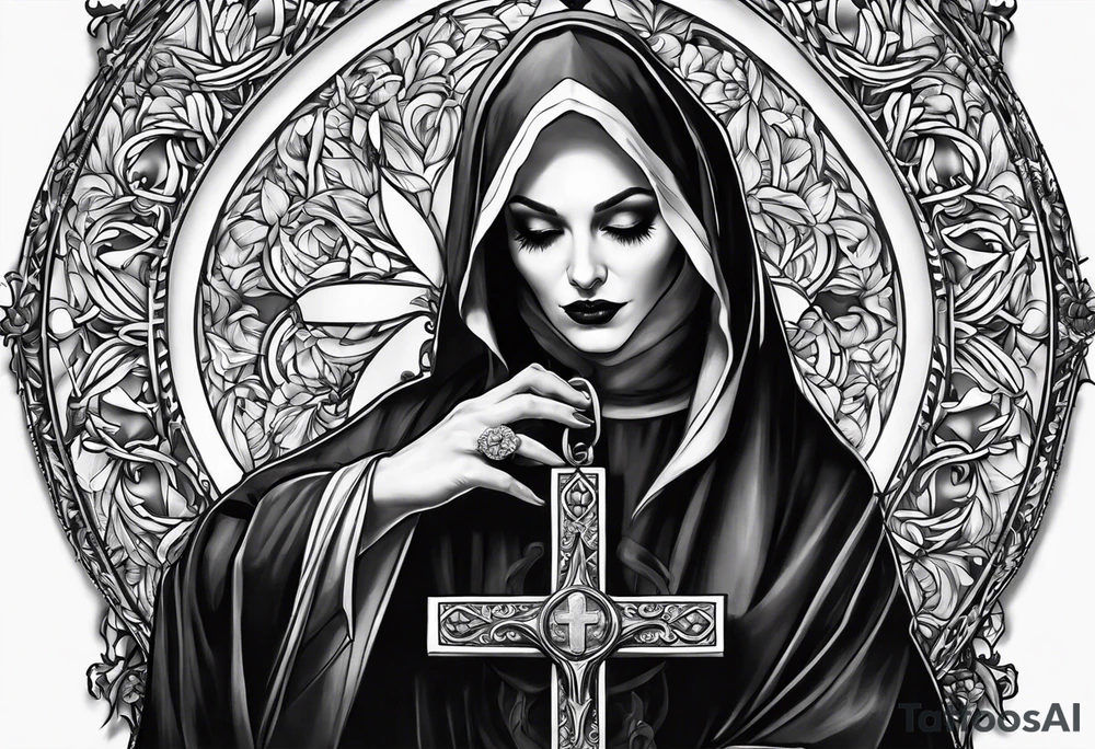Evil Nun holding upside-down crucifix tattoo idea