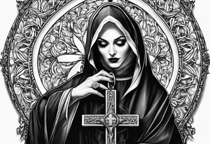 Evil Nun holding upside-down crucifix tattoo idea