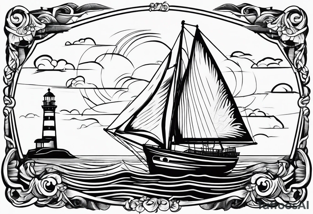 front bow sails with lighthouse on board tattoo idea