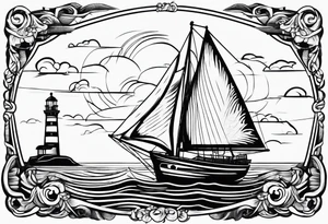 front bow sails with lighthouse on board tattoo idea