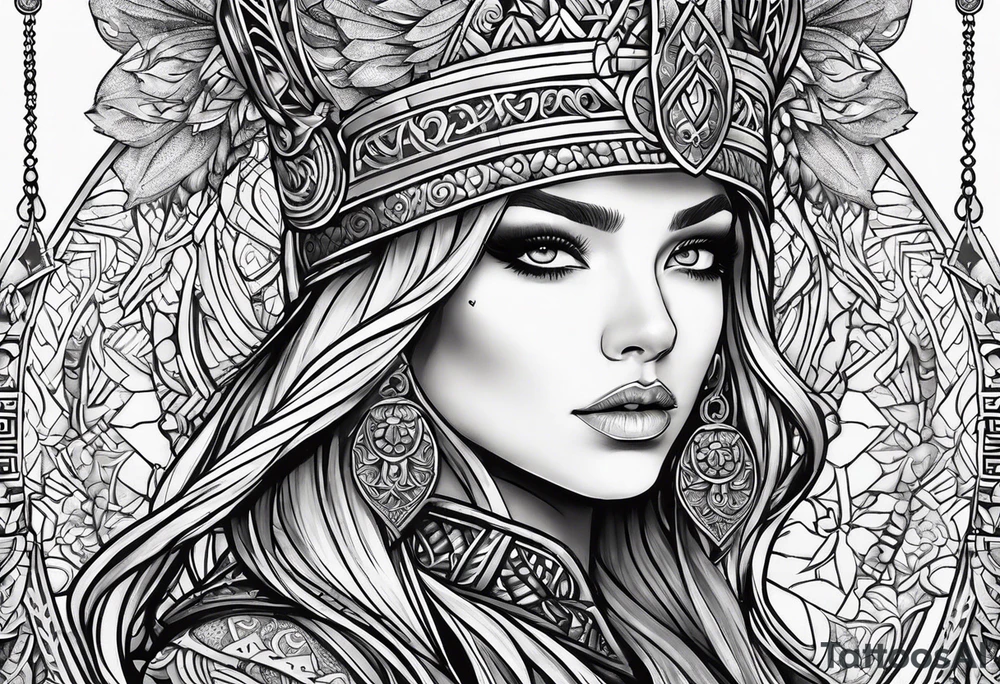 Viking, feminine warrior, mandala, bedroom eyes, headshot, closeup, full design tattoo idea