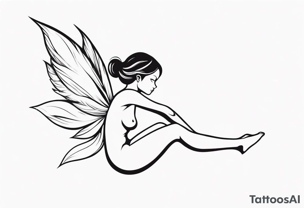 Minimalistic, monochromatic fairy with a tail flying to the left in a fetal position, leaning and looking in the same direction, with visible hands, embodying the 'Fairy Tail' logo aesthetic. tattoo idea