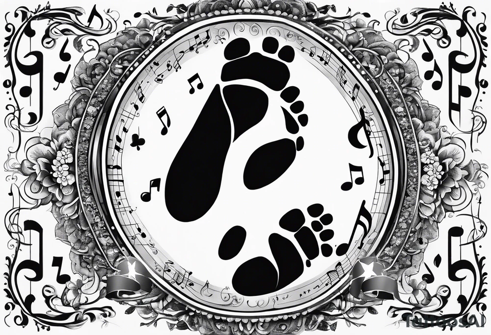 Baby footprint made up of child's birth information surrounded by music tattoo idea