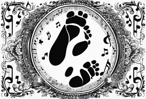 Baby footprint made up of child's birth information surrounded by music tattoo idea