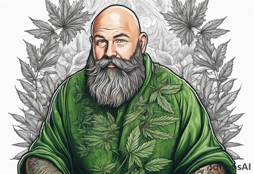 very big bald irish guy with beard and sitting on a cannabis plant tattoo idea