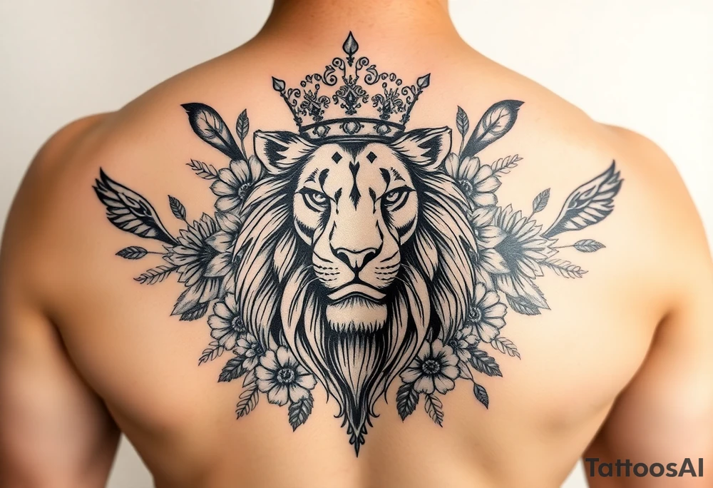 powerful majestic lion with a crown, surrounded by floral ornaments and birds tattoo idea