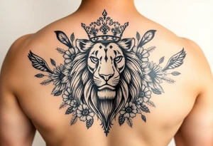powerful majestic lion with a crown, surrounded by floral ornaments and birds tattoo idea