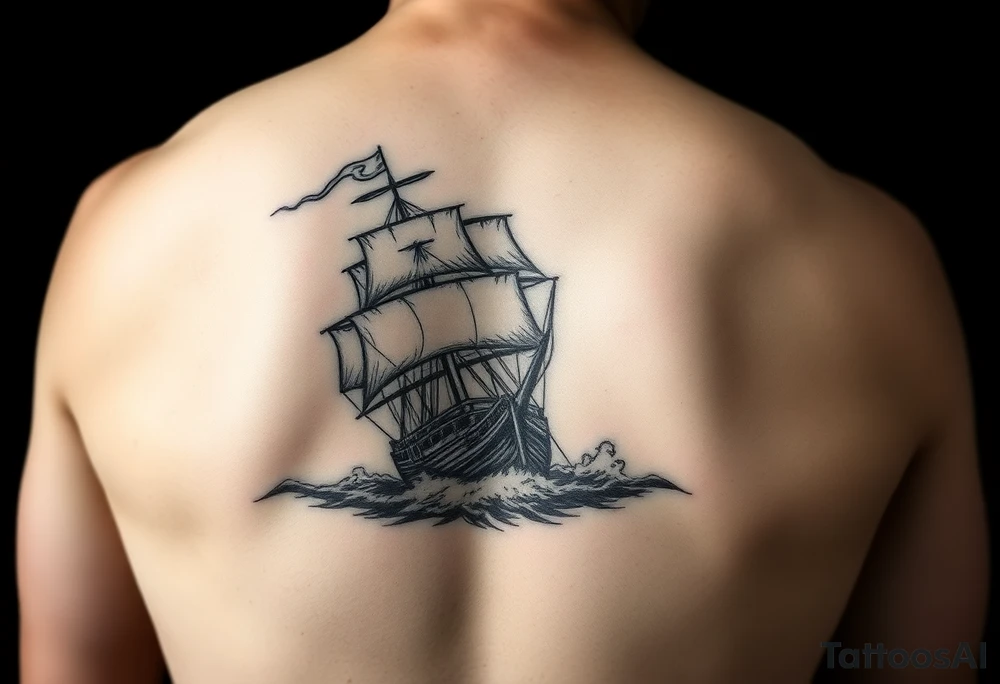 Stern of a pirate ship sailing through stormy seas, dramatic lighting. tattoo idea