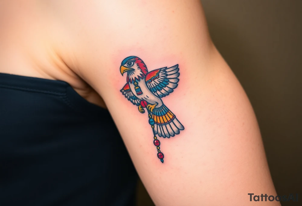 An Egyptian Falcon (Horus) Carrying a Rosary (only red , blue and black are possible colors) tattoo idea