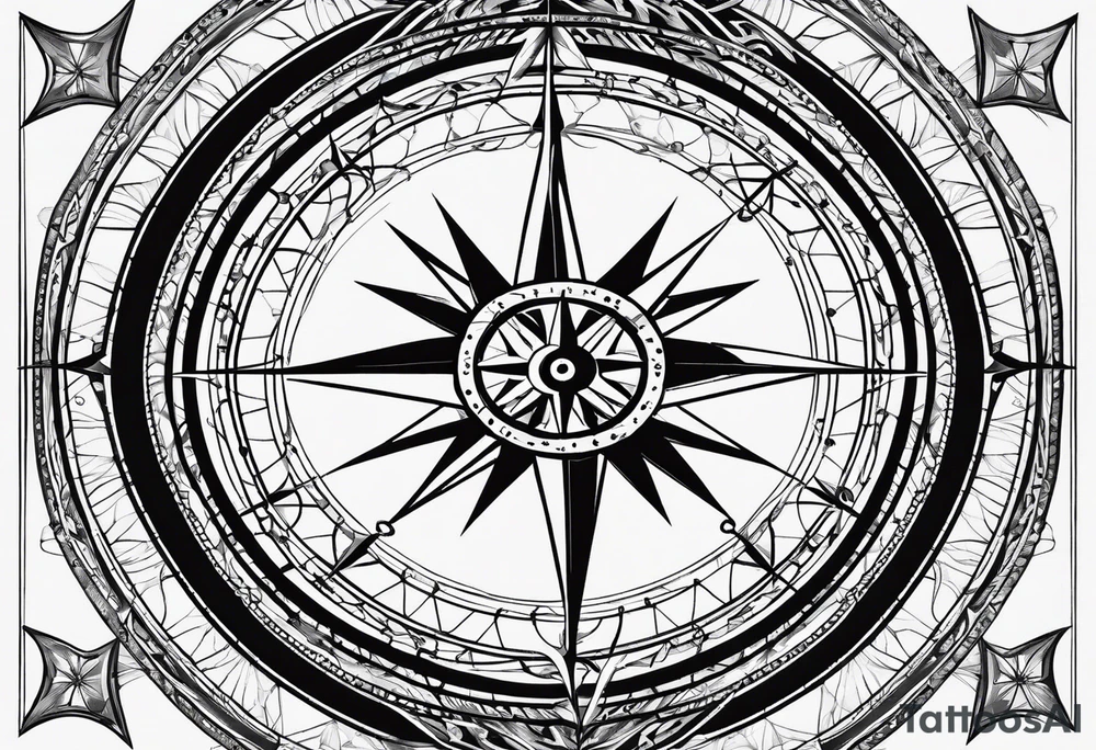 a classic compass rose as the central element with a molecular structure of serotonin tattoo idea