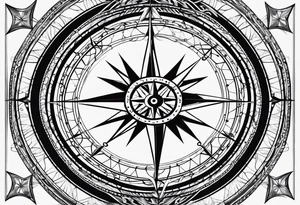 a classic compass rose as the central element with a molecular structure of serotonin tattoo idea