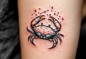 A tiny crab outlined in black with the Cancer star constellation traced above in twinkling pastel stars. tattoo idea