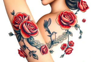 Vintage dollies, red roses, lace, red bird, no people, vintage, lower wrap arm tattoo tattoo idea