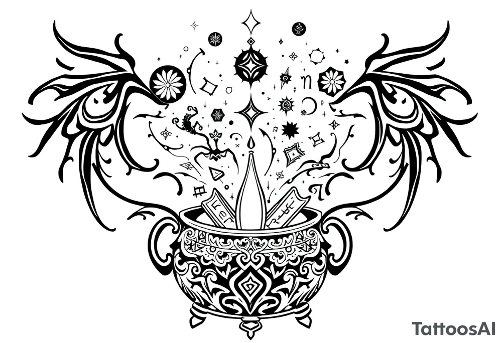 Milky way galaxy filled with zodiac symbols runes tarot cards coming out of a cauldron tattoo idea