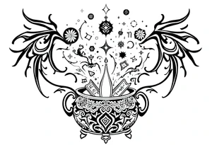 Milky way galaxy filled with zodiac symbols runes tarot cards coming out of a cauldron tattoo idea