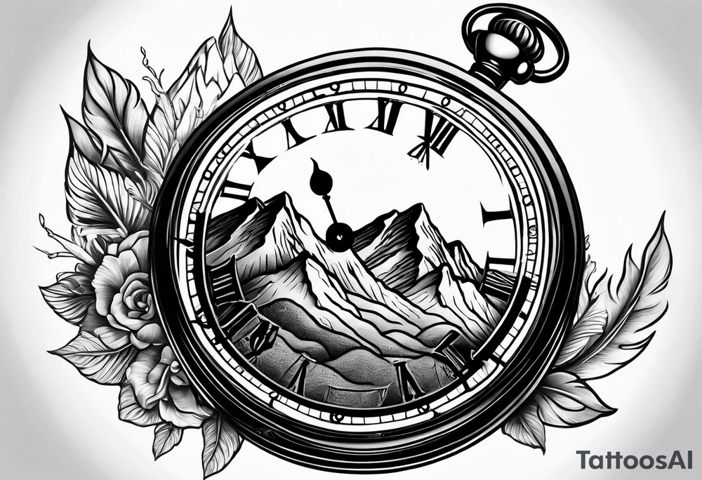 Pocket watch with mountains tattoo idea