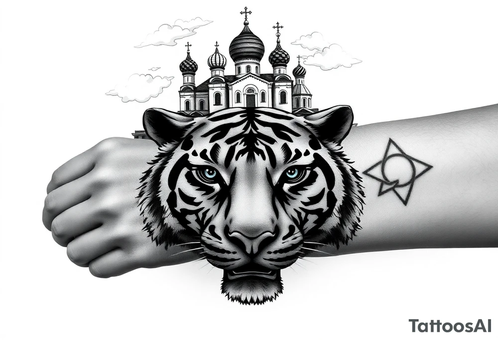 Realistic tiger face on the back of the hand with its eyes ALL black and no pupils, sitting beneath a Russian Orthodox cathedral sitting above on the top fore arm with onion domes and orthodox crosses. with clouds above and a virgin mary tattoo idea