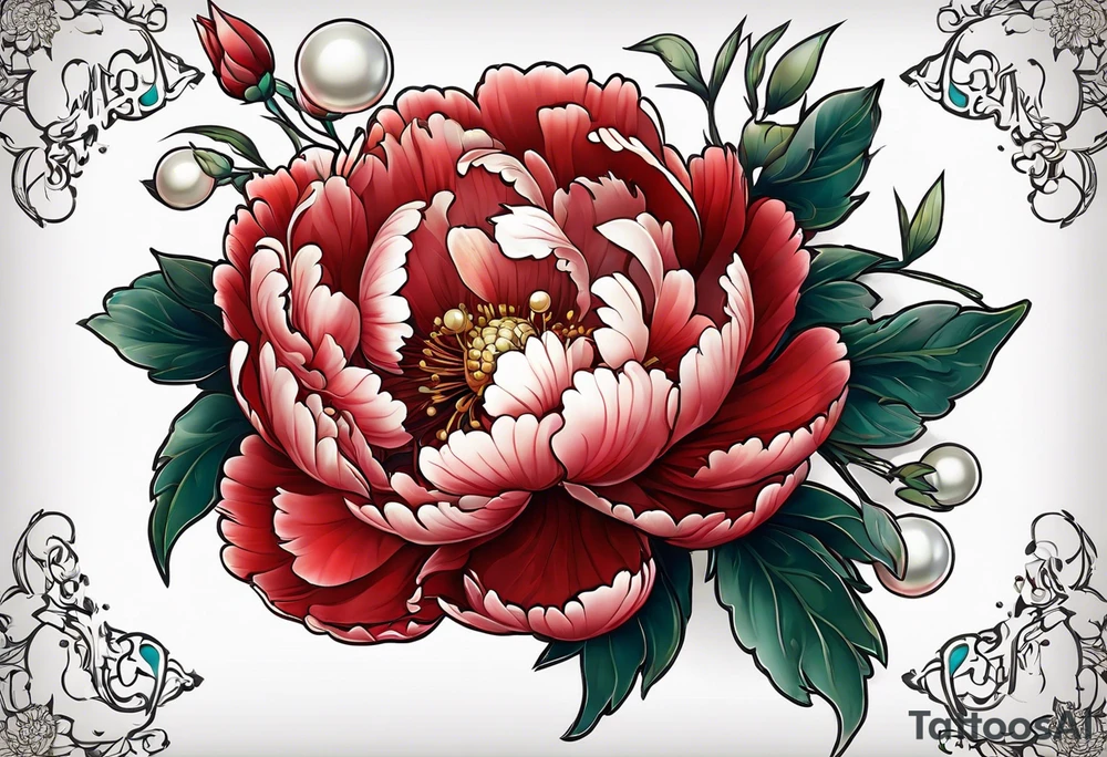 Red peony with pearl necklace and rabbit tattoo idea