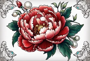 Red peony with pearl necklace and rabbit tattoo idea