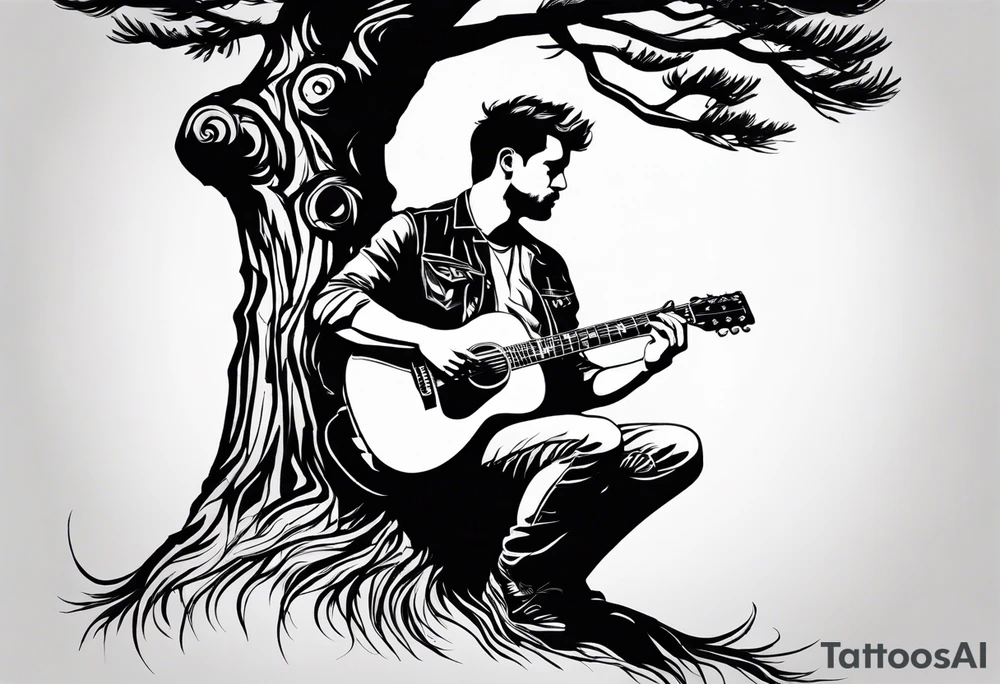silhouette of a man sitting in a pine tree playing electric guitar tattoo idea