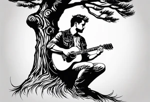silhouette of a man sitting in a pine tree playing electric guitar tattoo idea