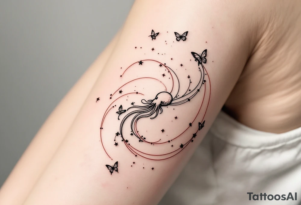A minimalist dotwork tattoo design in the shape of a spiral galaxy. In the center, a small octopus is subtly integrated into the swirl, with flowing tentacles that extend along the spiral arms. The tentacles transform into elegant, curving lines resembling the flowing tails of koi or betta fish, partially in black ink and partially in fine red lines. Small stars are scattered throughout the galaxy shape, and two delicate butterflies hover near the edges. Style: cosmic abstraction, dotwork, fine line, with elements of Japanese graphic tattoo flow, minimalist octopus psychedelic dotwork sacred geometry sleeve tattoo idea